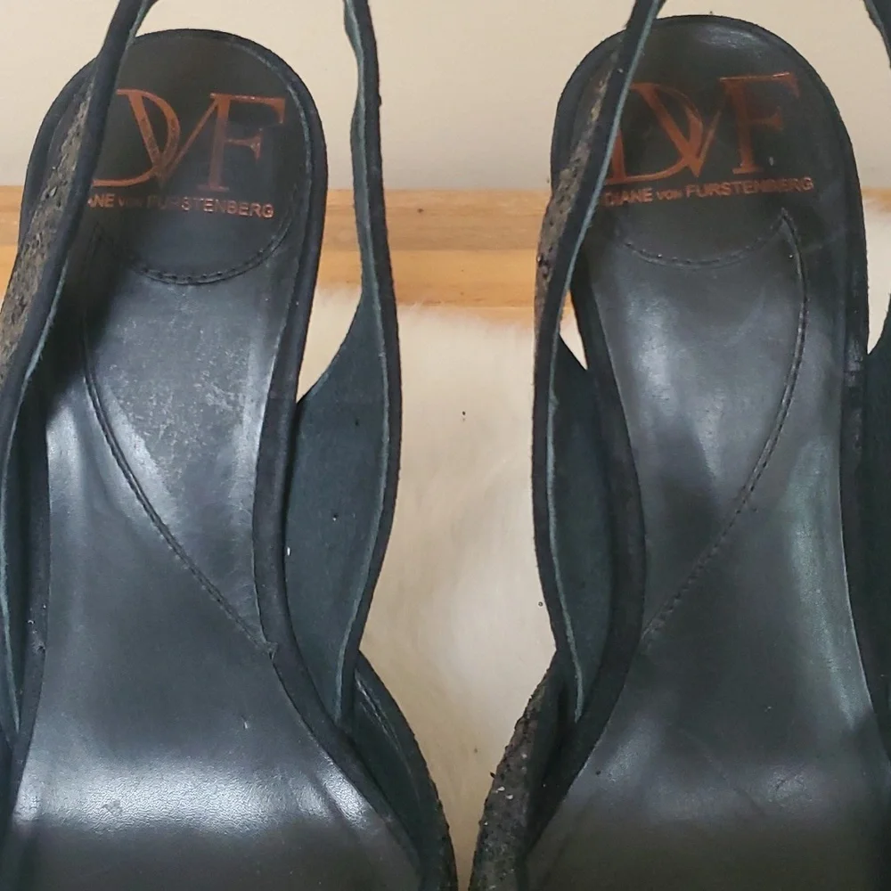 Diane Von Furstenberg DVF Black Sequin Slingback Stilletos Size 7M